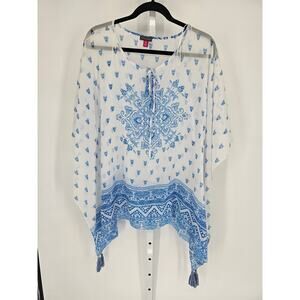 Vince Camuto Women's Blue White Printed Sleeve Scoop Neck Top Size M/L